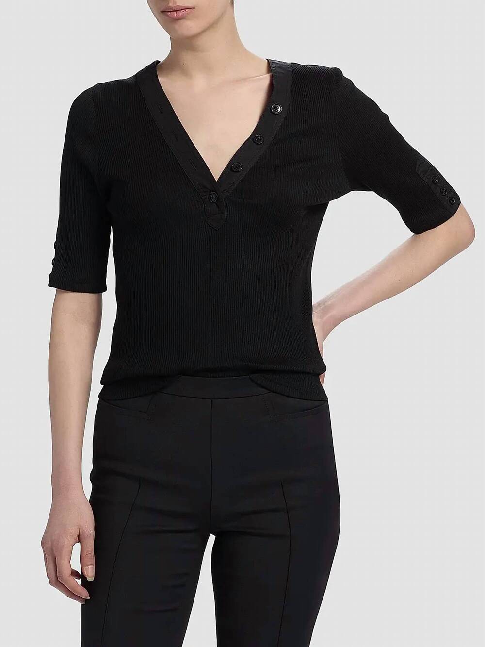 NEW DEREK LAM 10 CROSBY adrian v-neck short sleeve ribbed tee with button placke